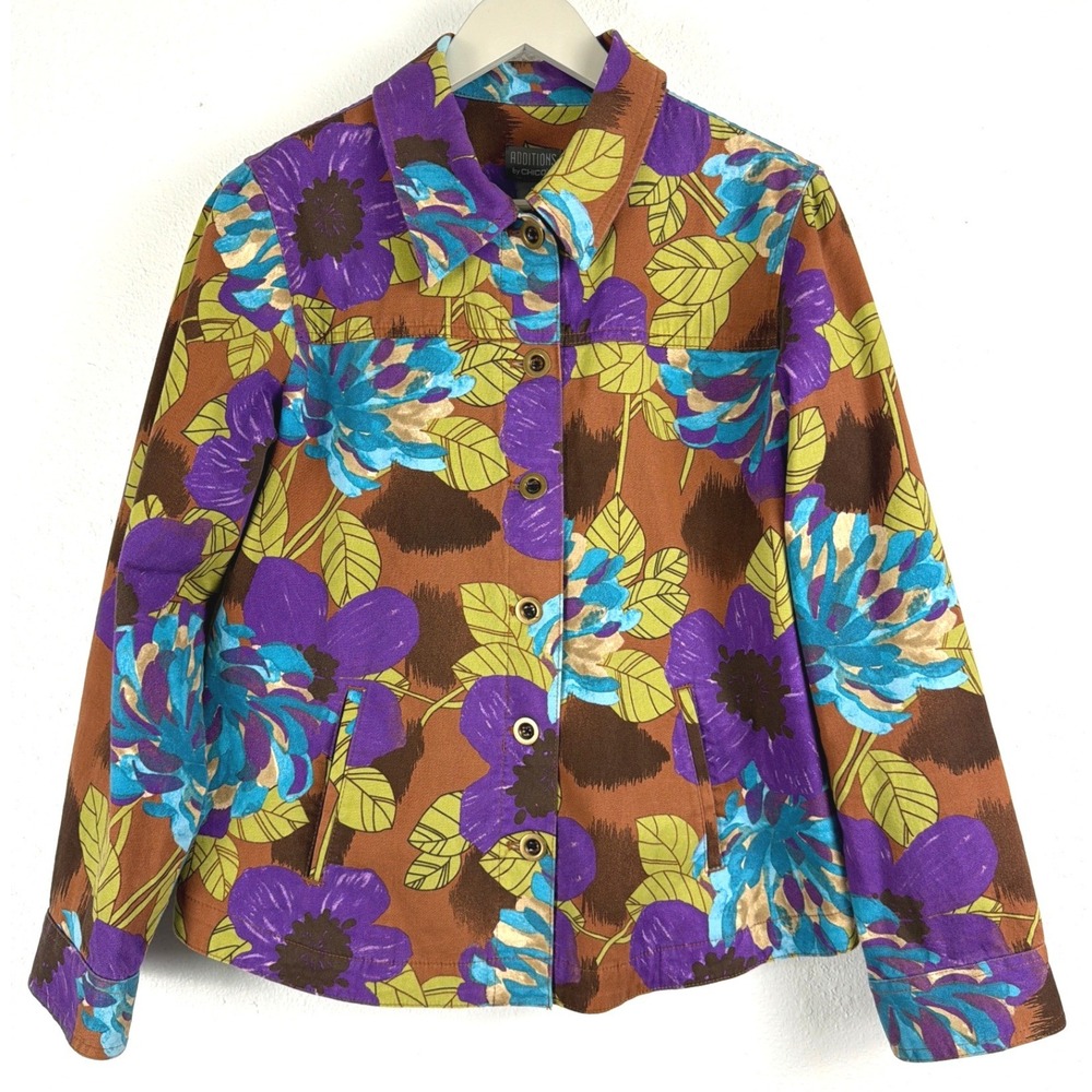 Chicos Additions Floral Jacket Brown Purple Turquoise Sz S Cotton Stretch Violet